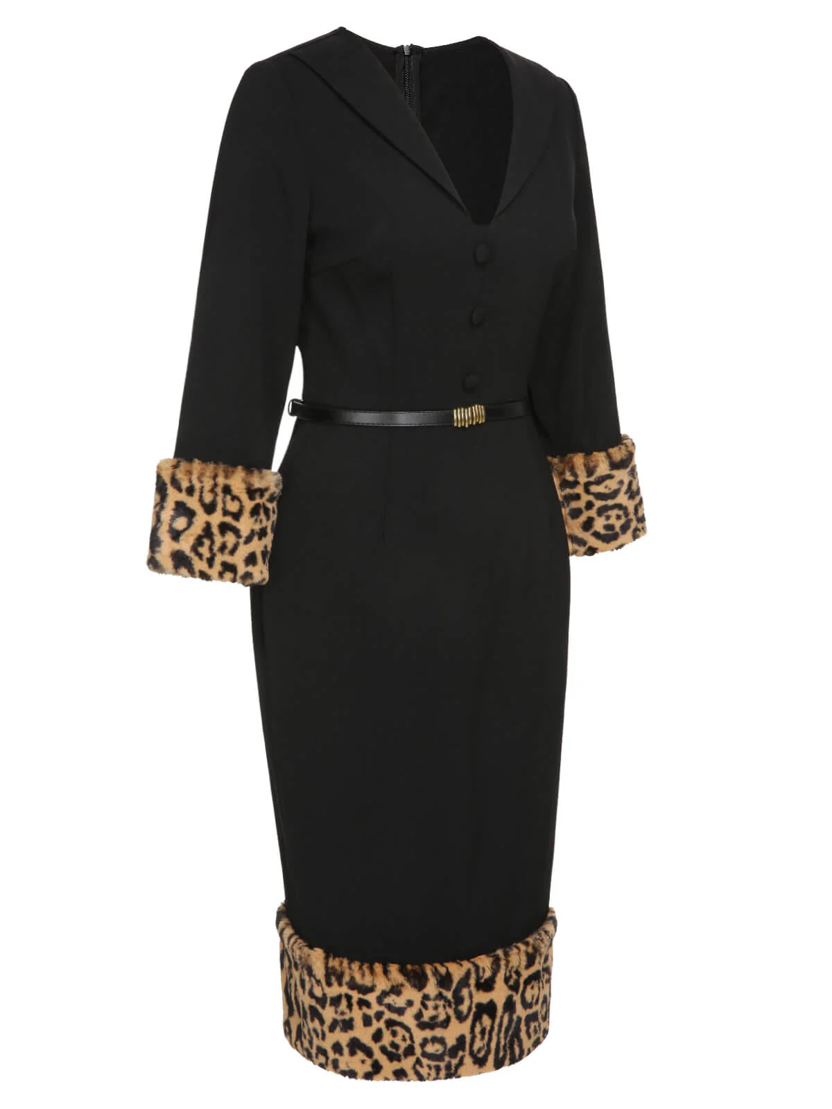 Black 1960s Leopard Plush V-Neck Pencil Dress - Image 6