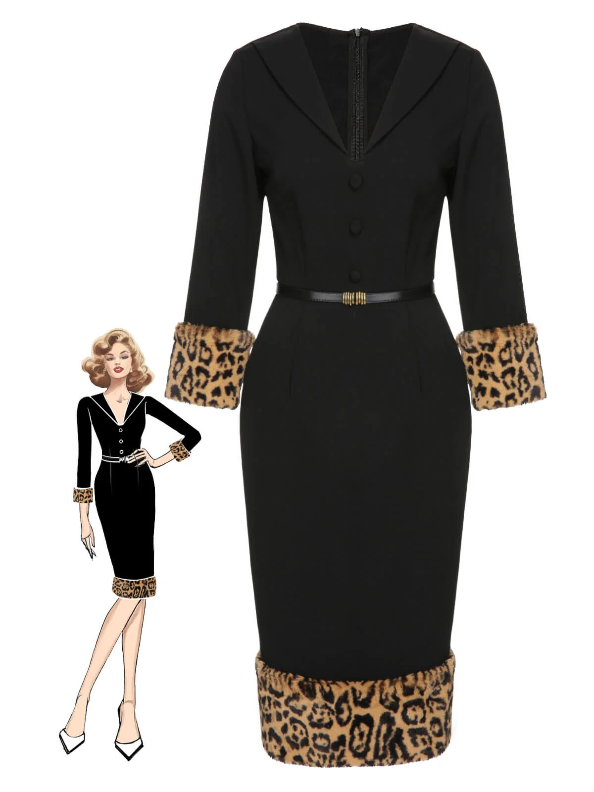 Black 1960s Leopard Plush V-Neck Pencil Dress - Image 4