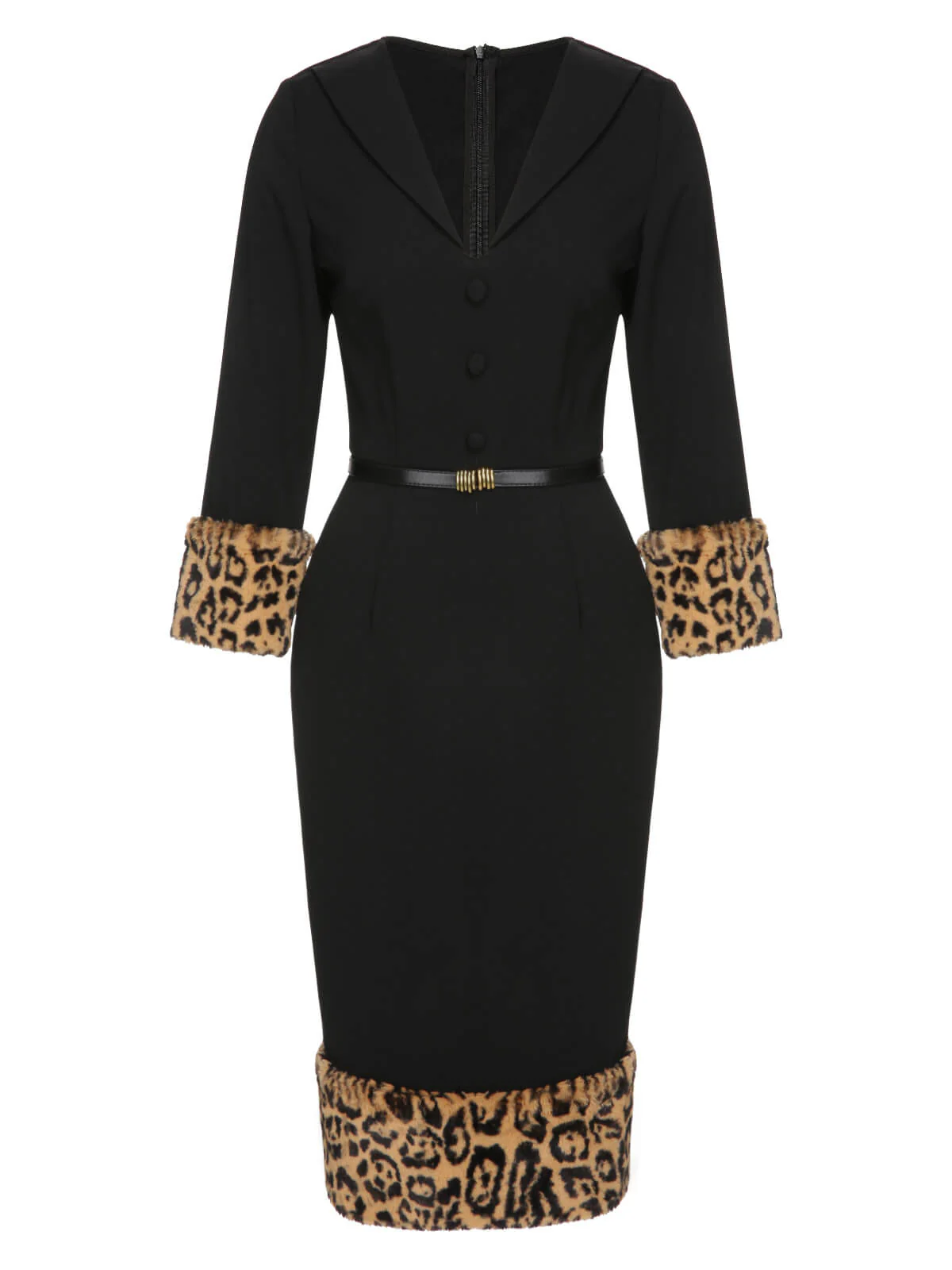 Black 1960s Leopard Plush V-Neck Pencil Dress - Image 5