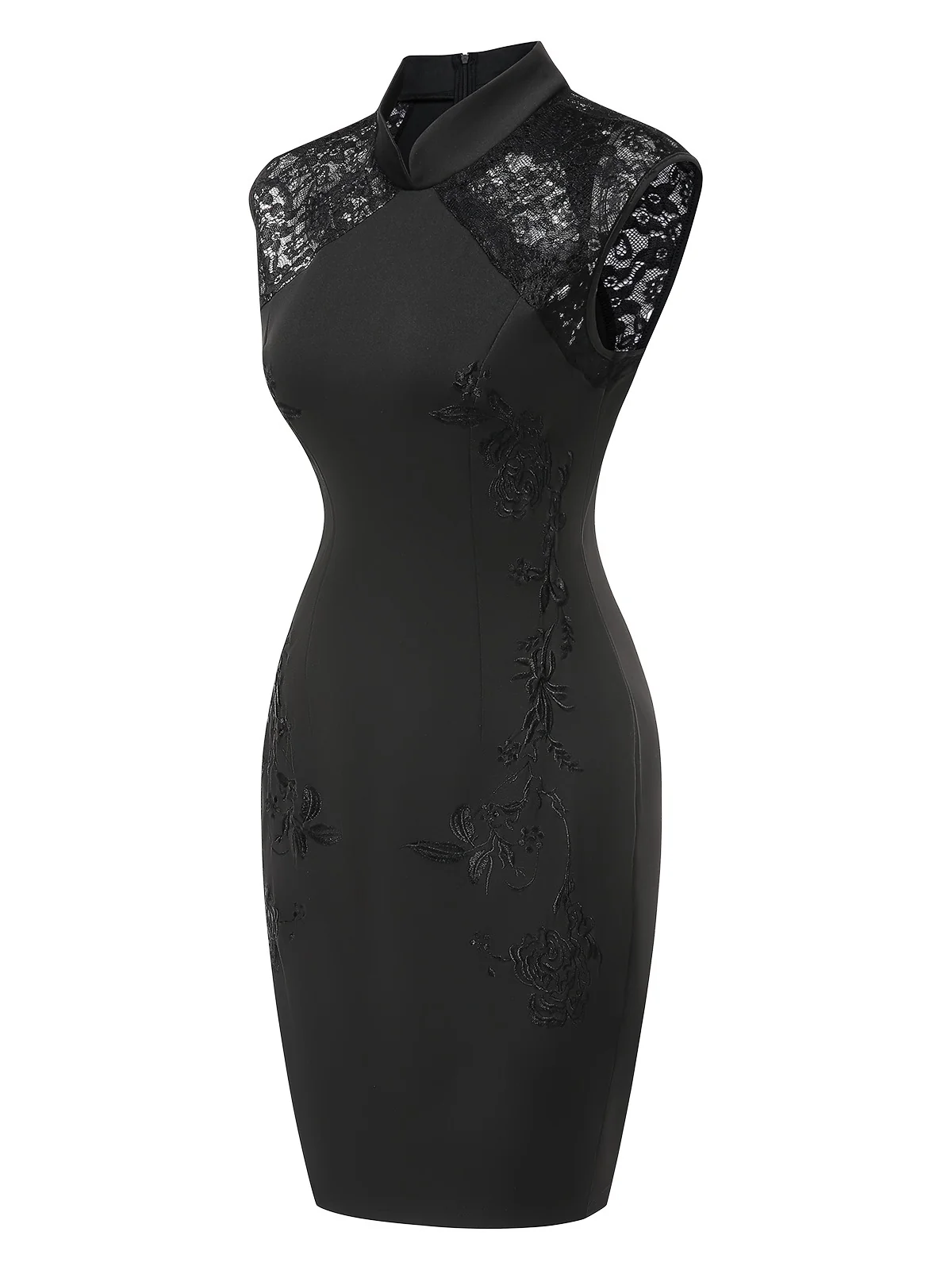 Black 1960s Mandarin Collar Embroidered Floral Pencil Dress - Image 2