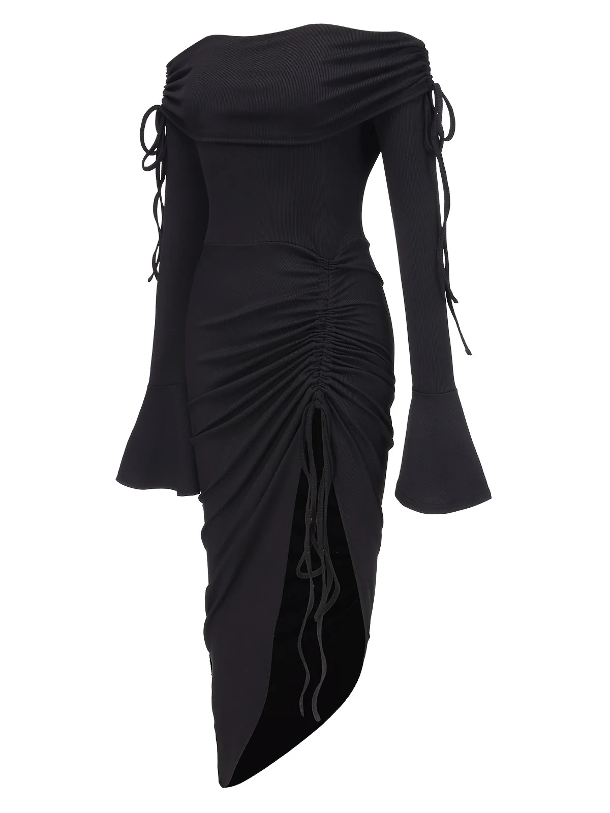 Black 1960s Off-Shoulder Lace-Up Drawstring Dress - Image 2