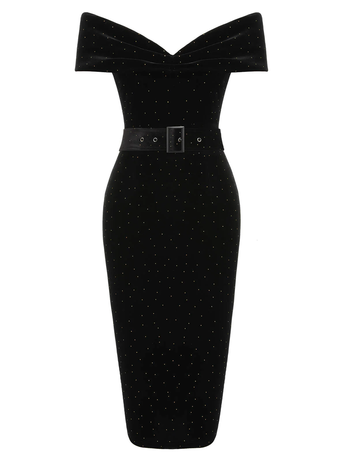 Black 1960s Off-Shoulder Rhinestones Velvet Dress - Image 2