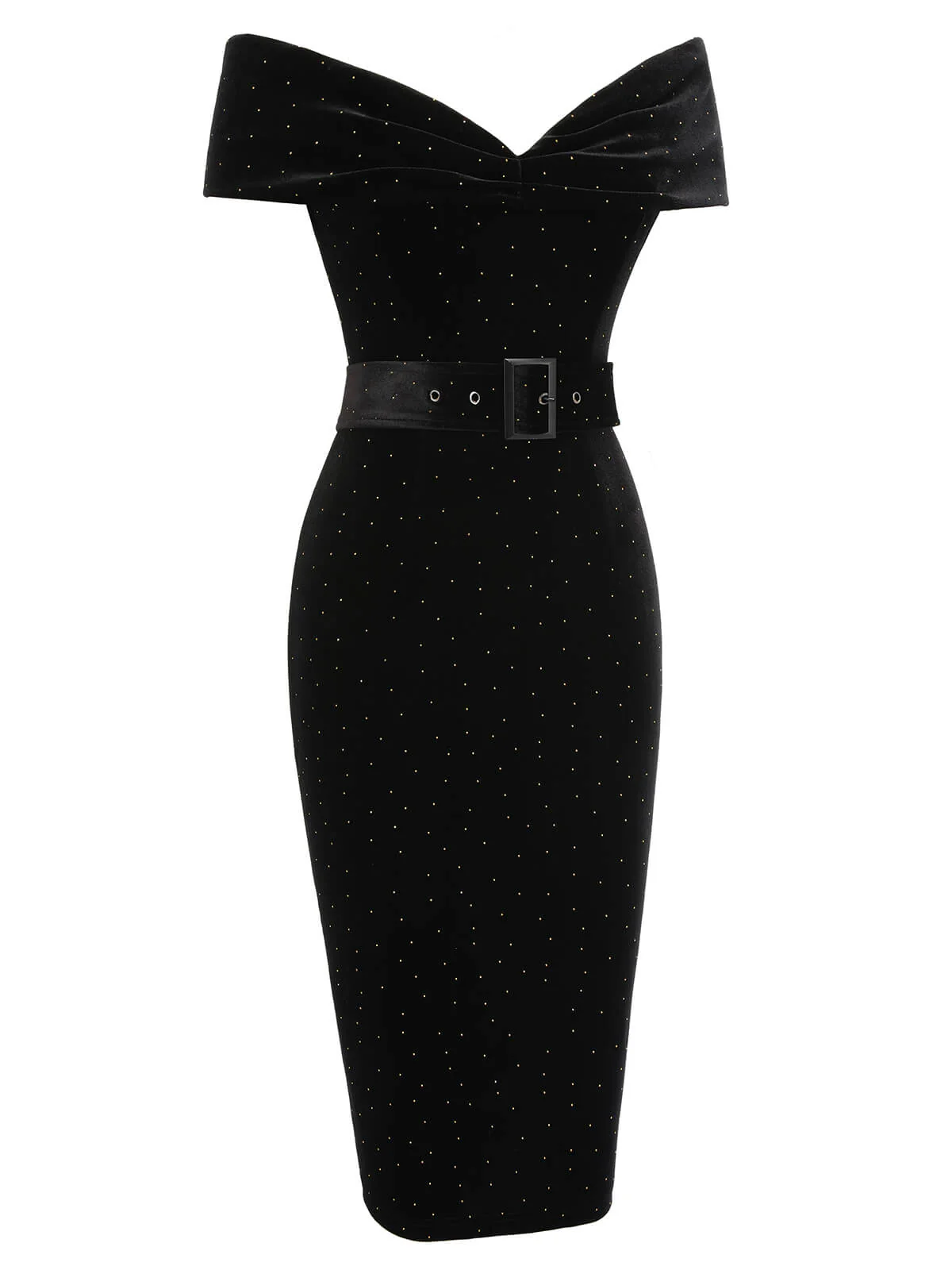 Black 1960s Off-Shoulder Rhinestones Velvet Dress - Image 3
