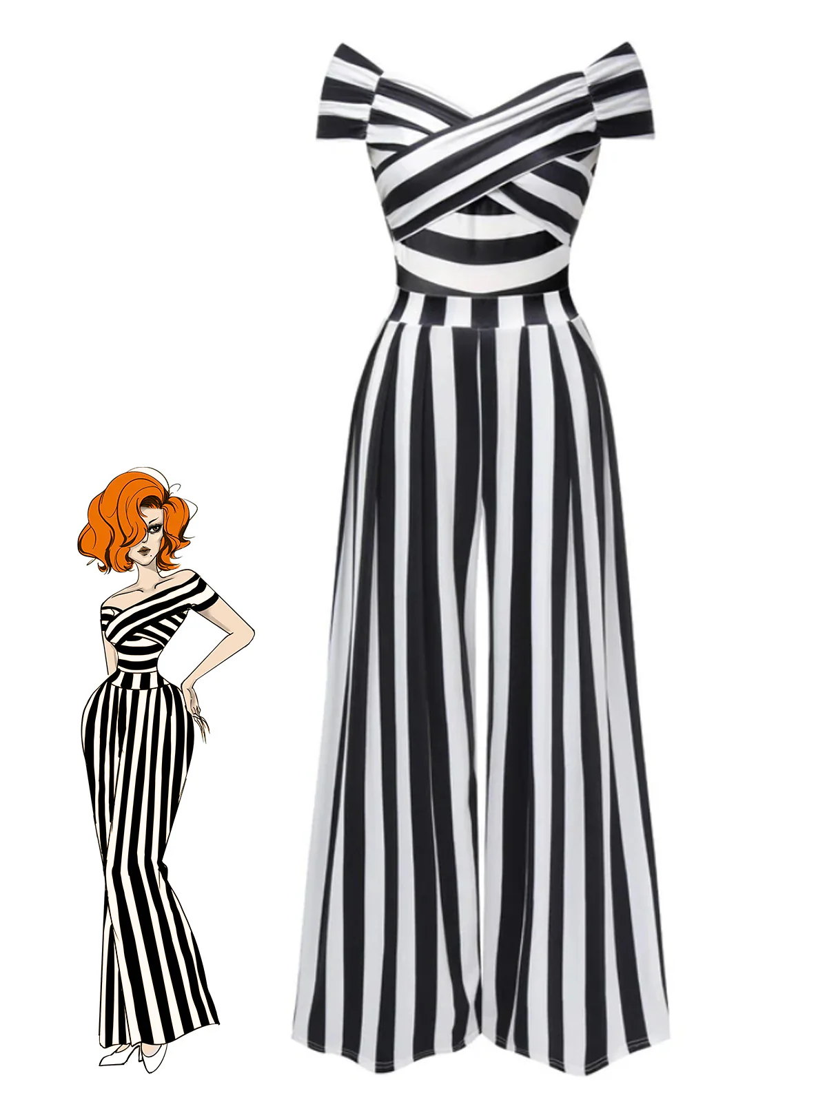 Black 1960s Off-Shoulder Stripes Jumpsuit - Image 11