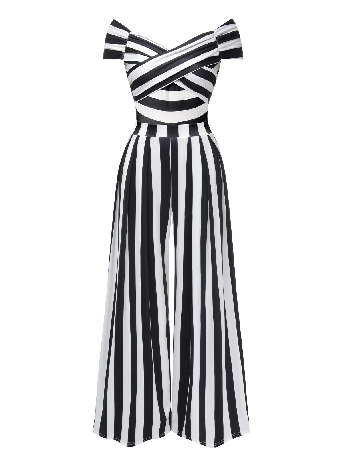 Black 1960s Off-Shoulder Stripes Jumpsuit - Image 4