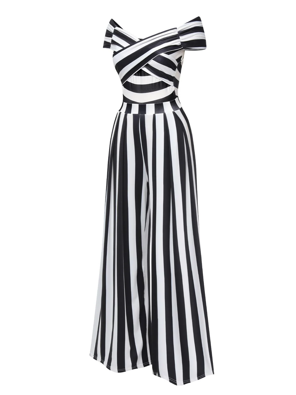 Black 1960s Off-Shoulder Stripes Jumpsuit - Image 5
