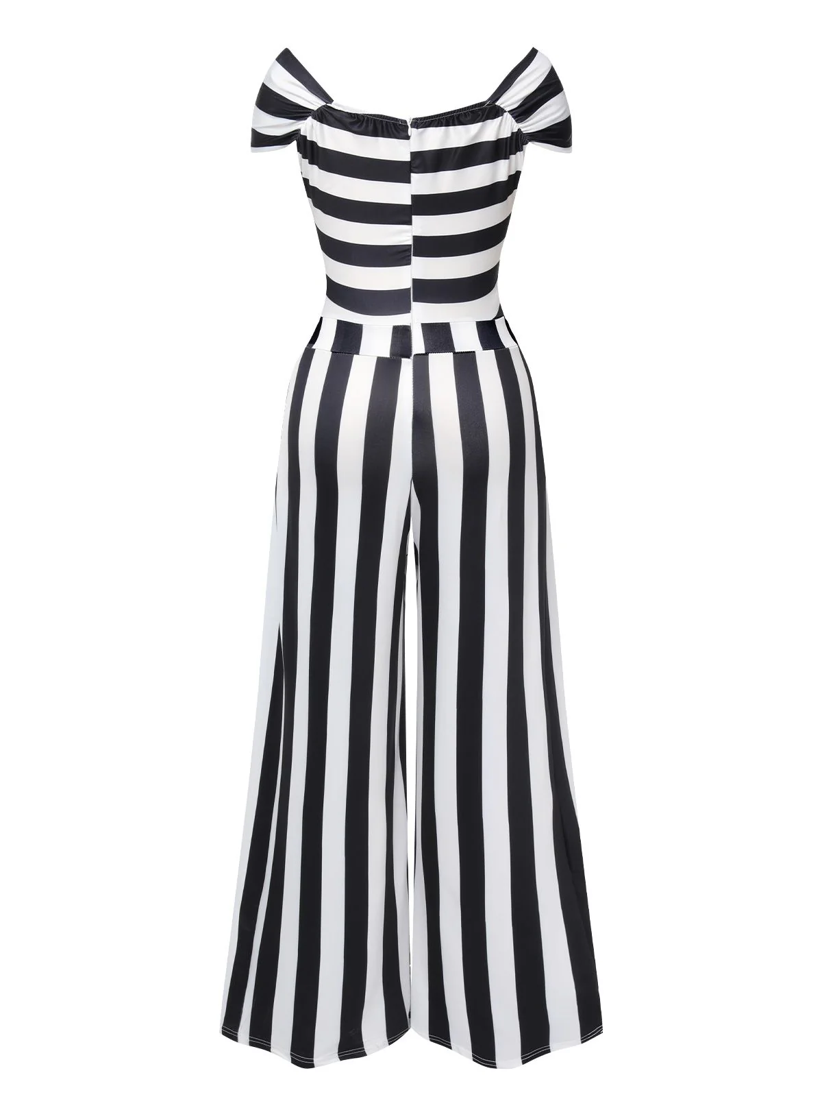 Black 1960s Off-Shoulder Stripes Jumpsuit - Image 6