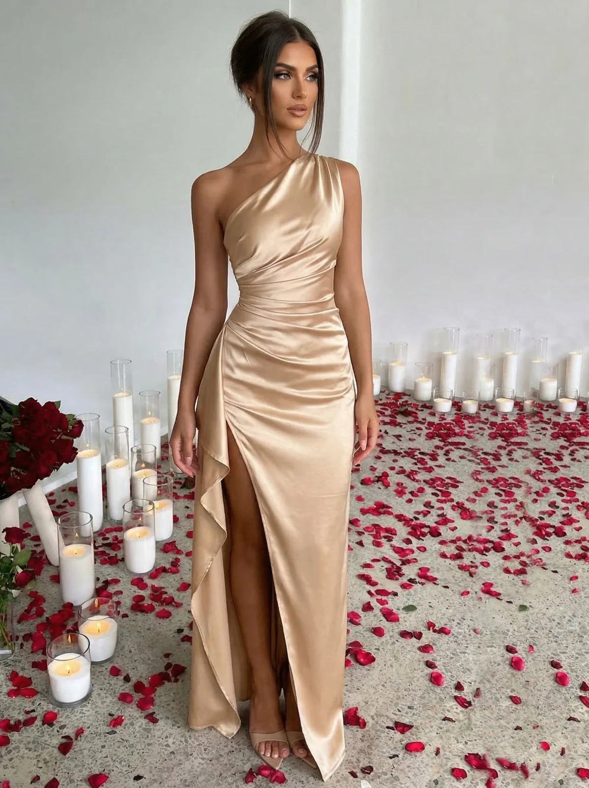Black 1960s One Shoulder Ruched Slit Satin Dress - Image 18