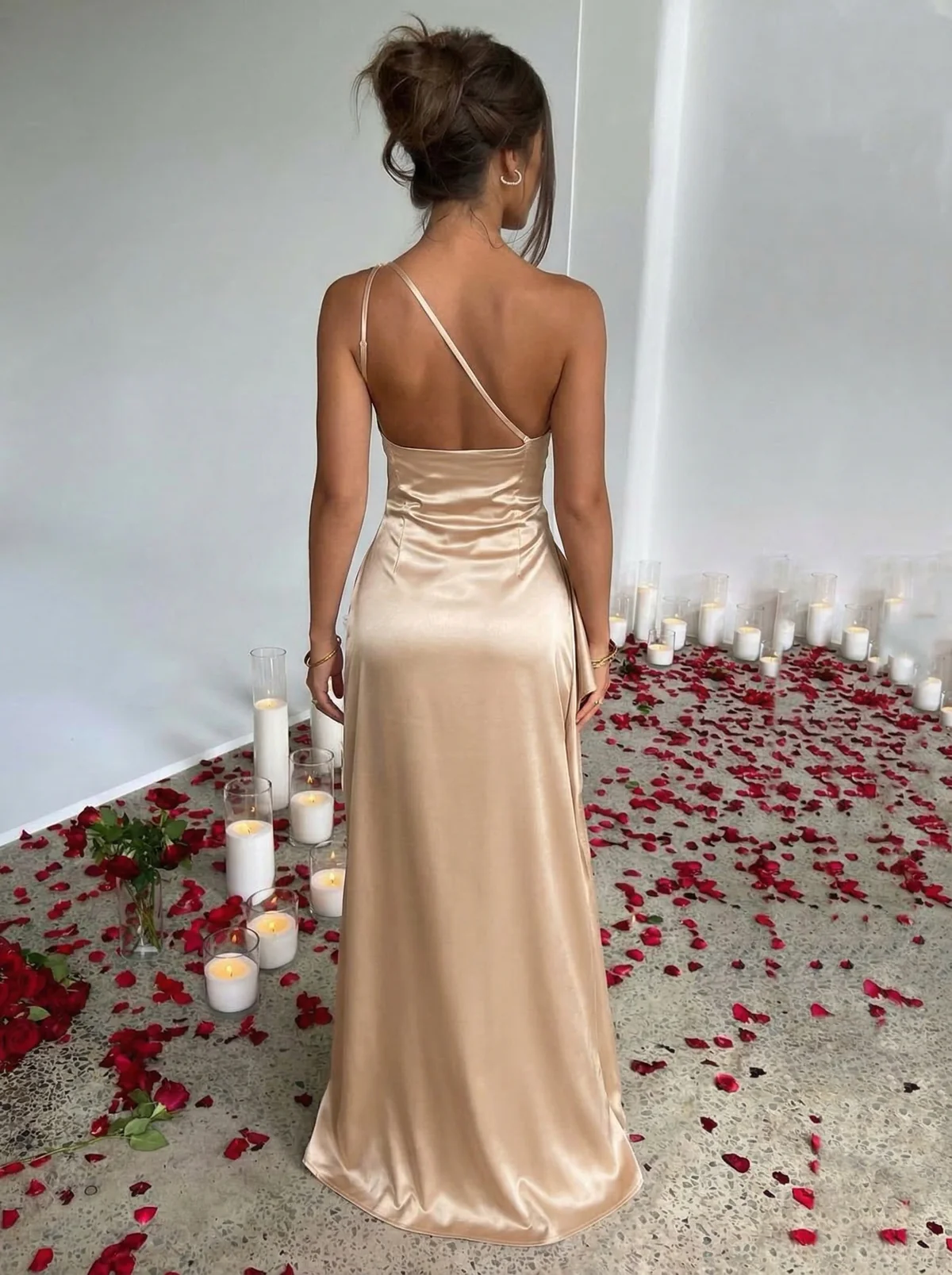 Black 1960s One Shoulder Ruched Slit Satin Dress - Image 19