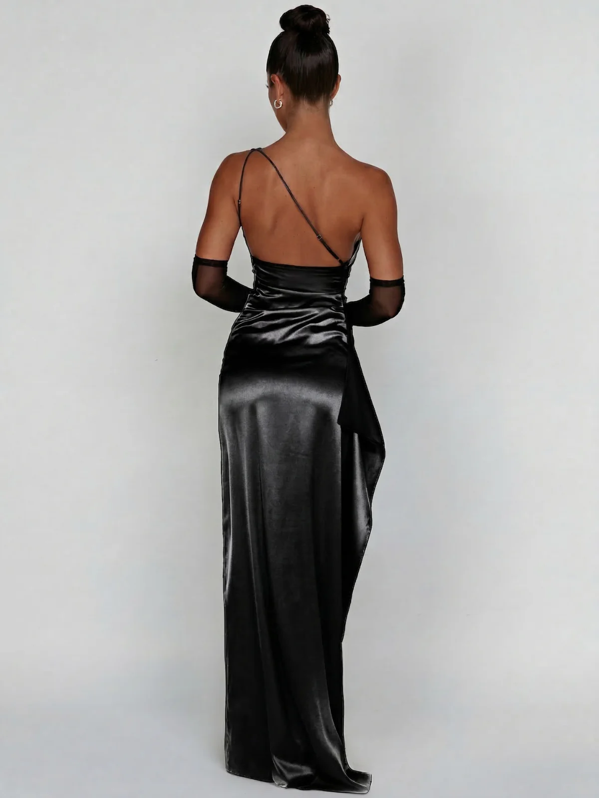 Black 1960s One Shoulder Ruched Slit Satin Dress - Image 3