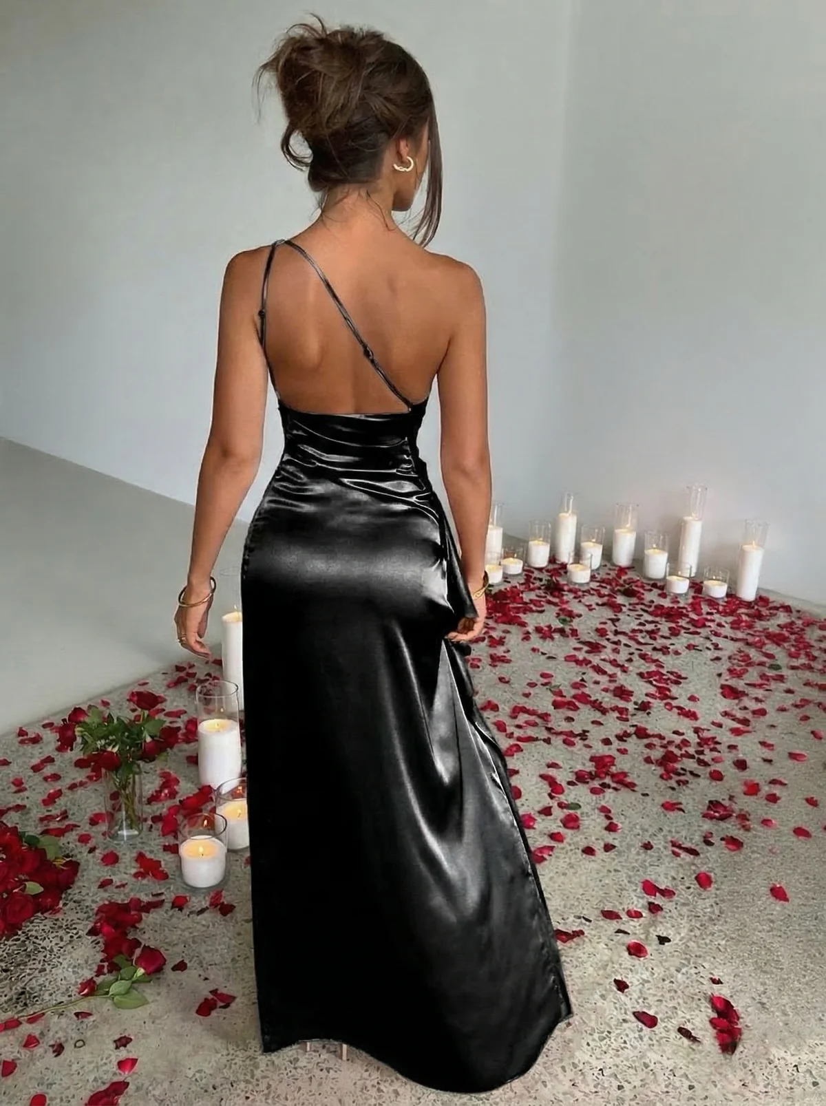 Black 1960s One Shoulder Ruched Slit Satin Dress - Image 2