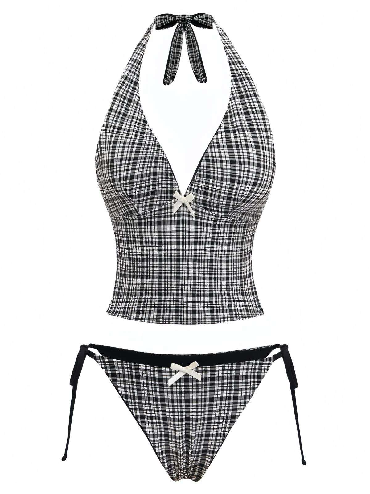 Black 1960s Plaid Deep V Halter Tankini Set - Image 2