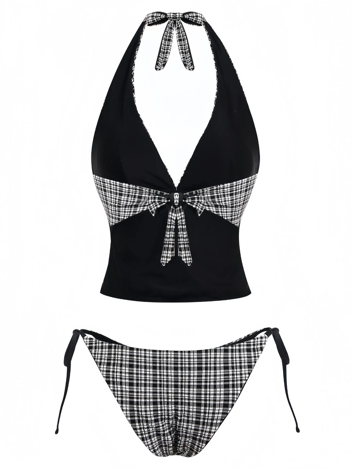 Black 1960s Plaid Deep V Halter Tankini Set - Image 3