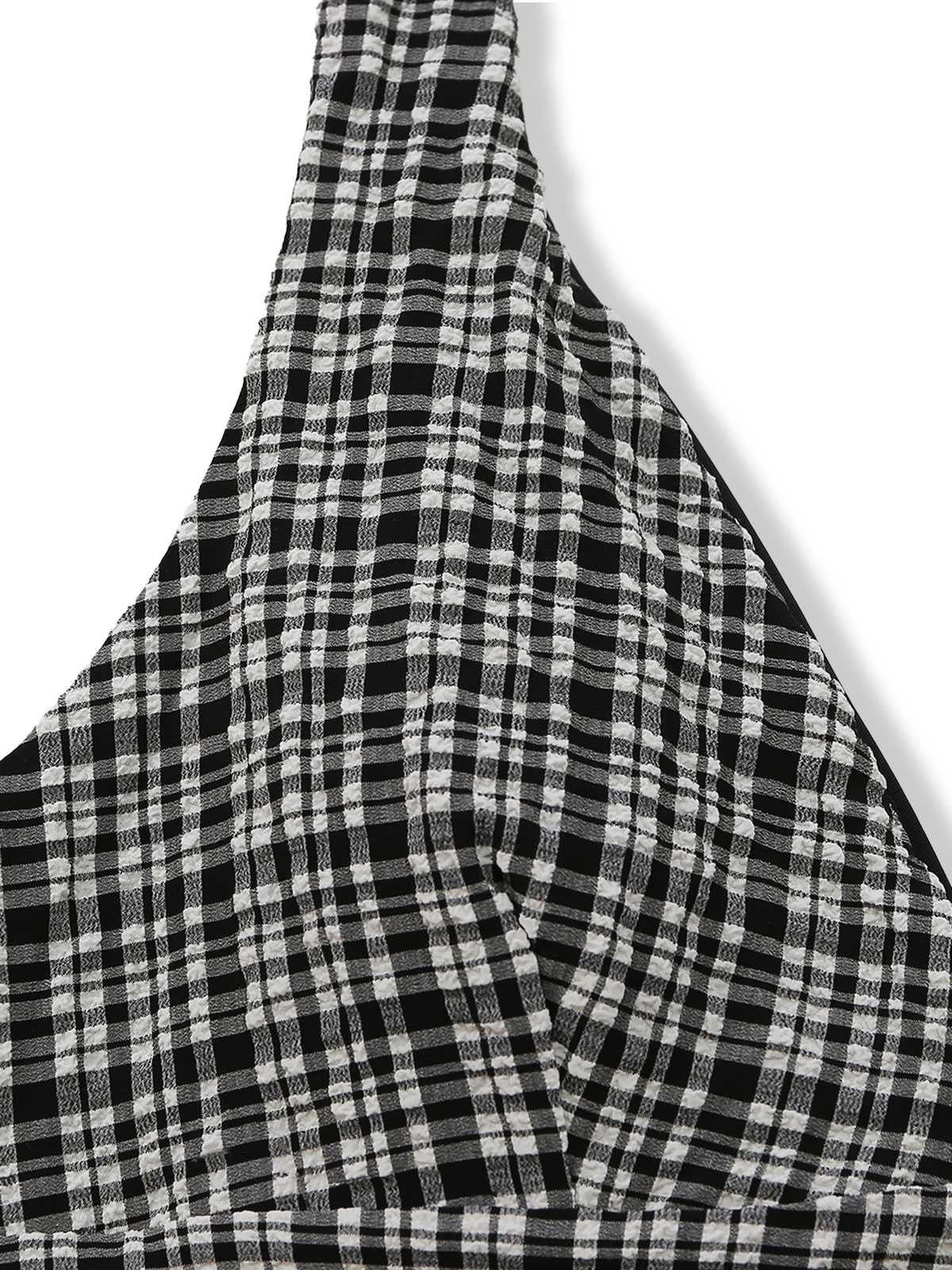 Black 1960s Plaid Deep V Halter Tankini Set - Image 5