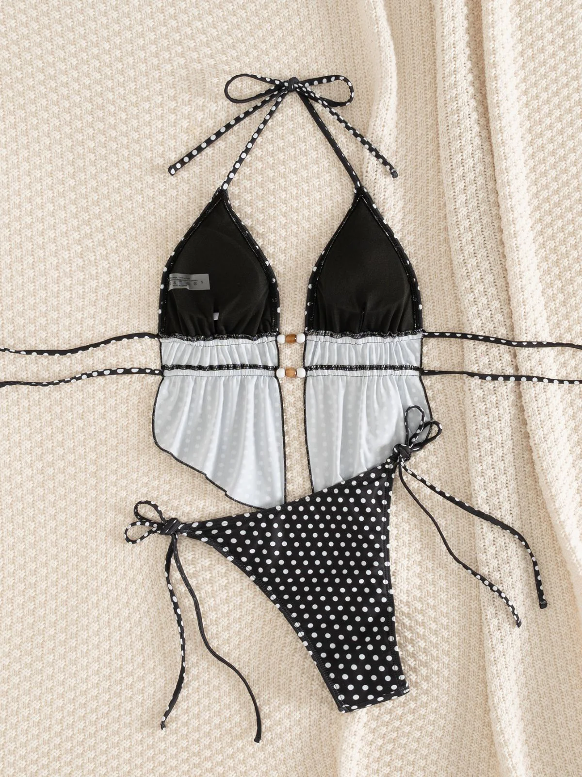 Black 1960s Polka Dot Beaded Cutout Halter Tankini Set - Image 5