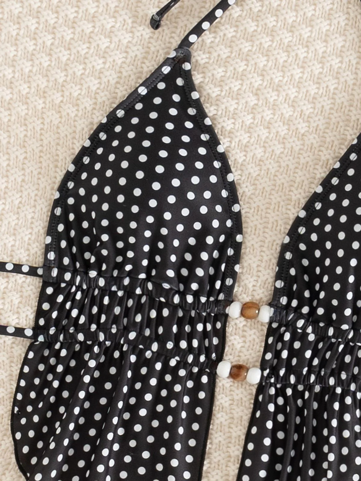 Black 1960s Polka Dot Beaded Cutout Halter Tankini Set - Image 6