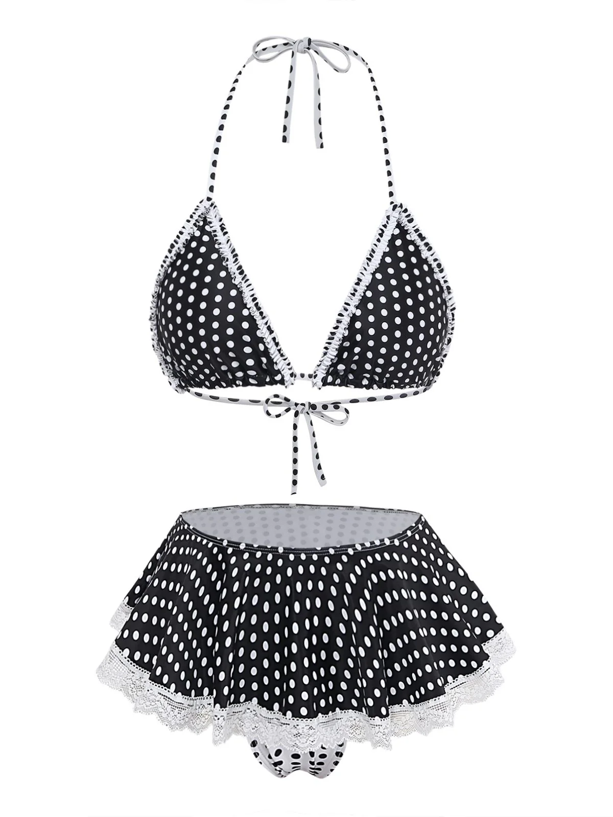 Black 1960s Polka Dot Lace Halter Bikini Set - Image 2