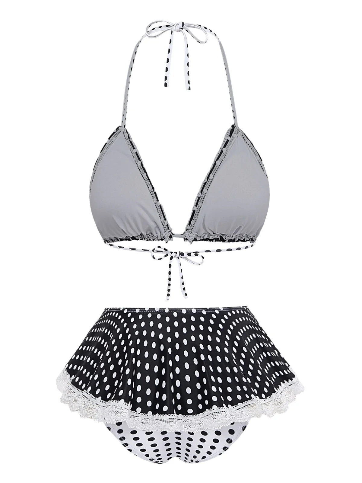 Black 1960s Polka Dot Lace Halter Bikini Set - Image 3
