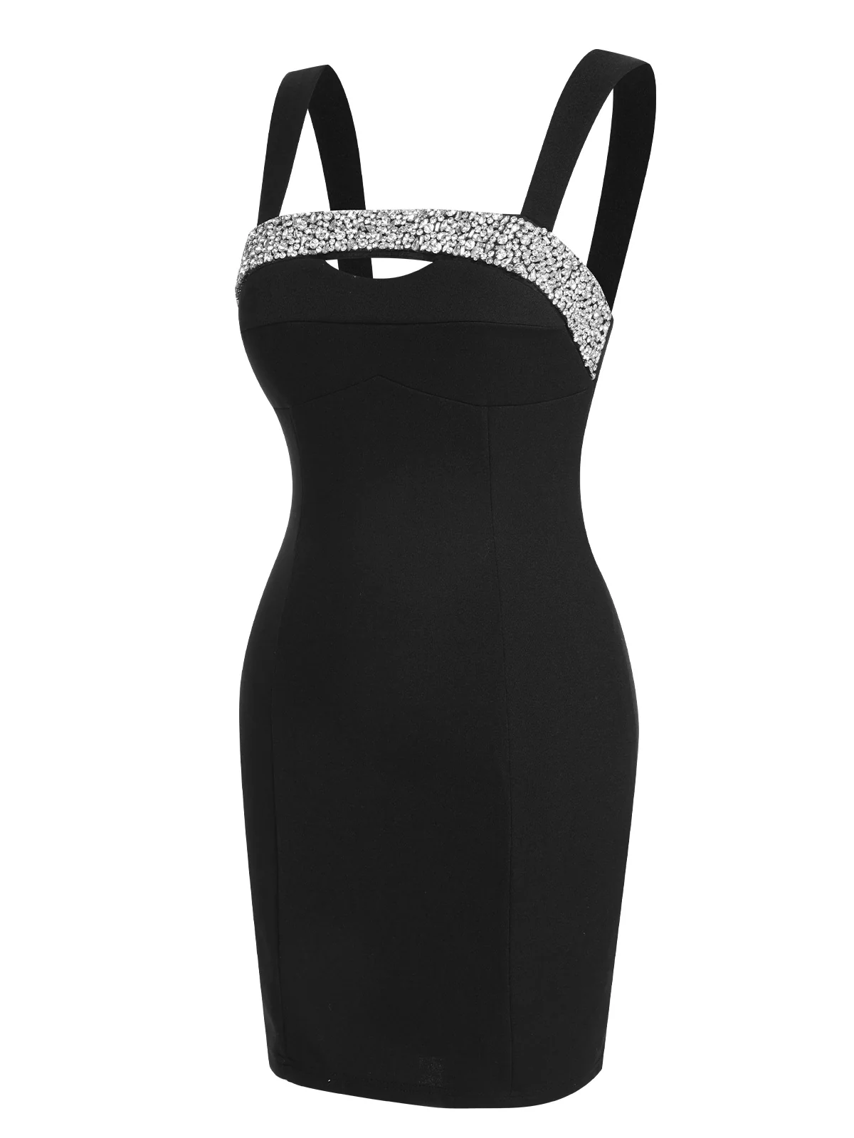 Black 1960s Rhinestone Patchwork Neck Mini Dress - Image 2