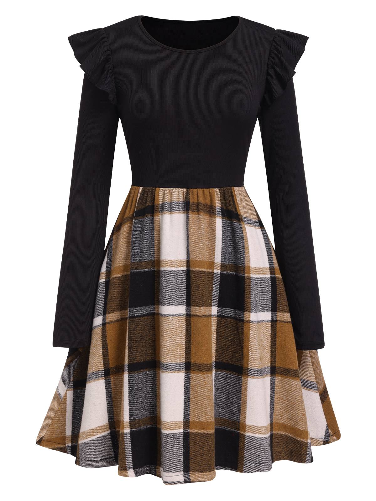 Black 1960s Ruffed Plaid Patchwork Skater Dress - Image 2
