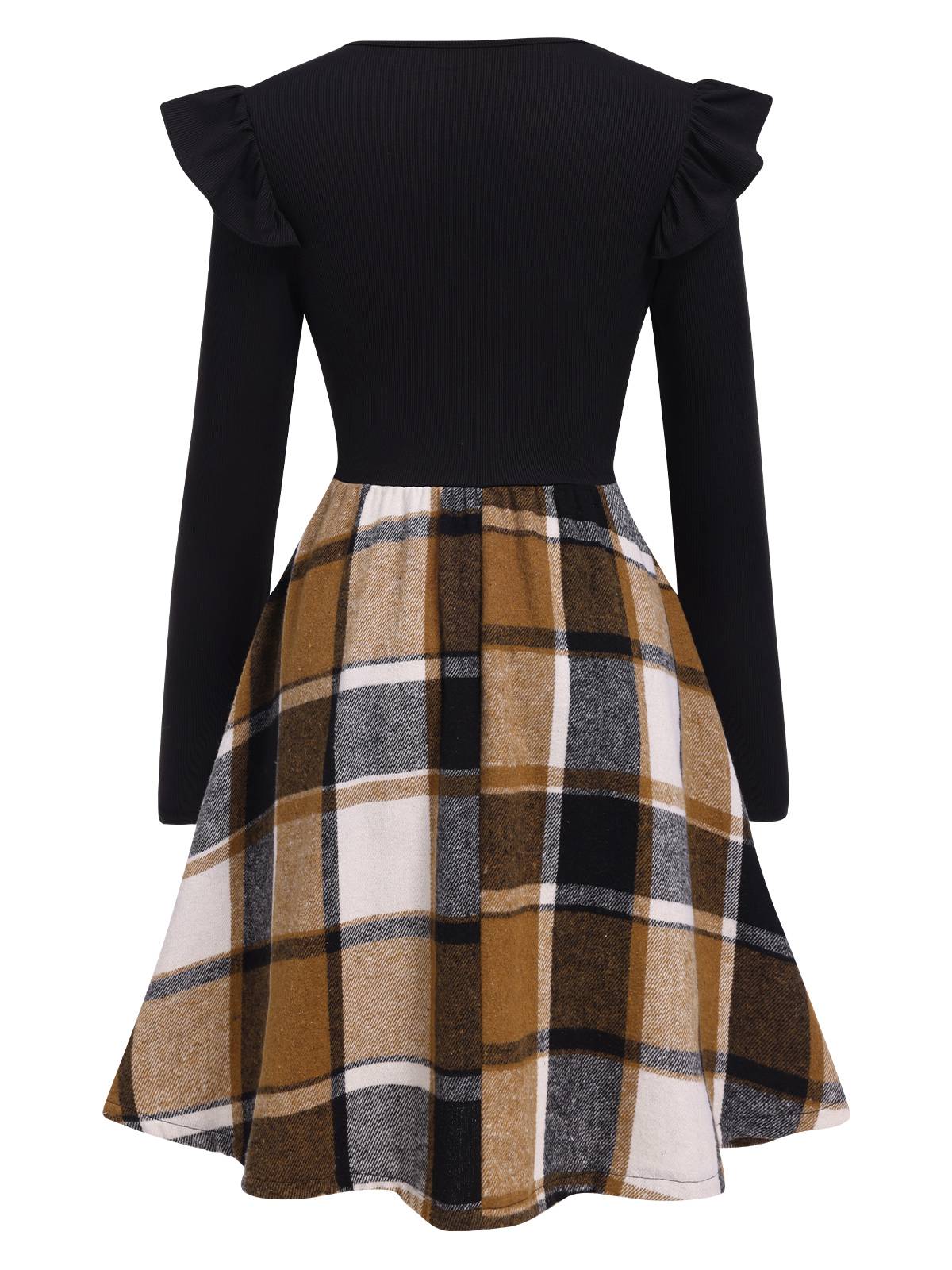 Black 1960s Ruffed Plaid Patchwork Skater Dress - Image 3