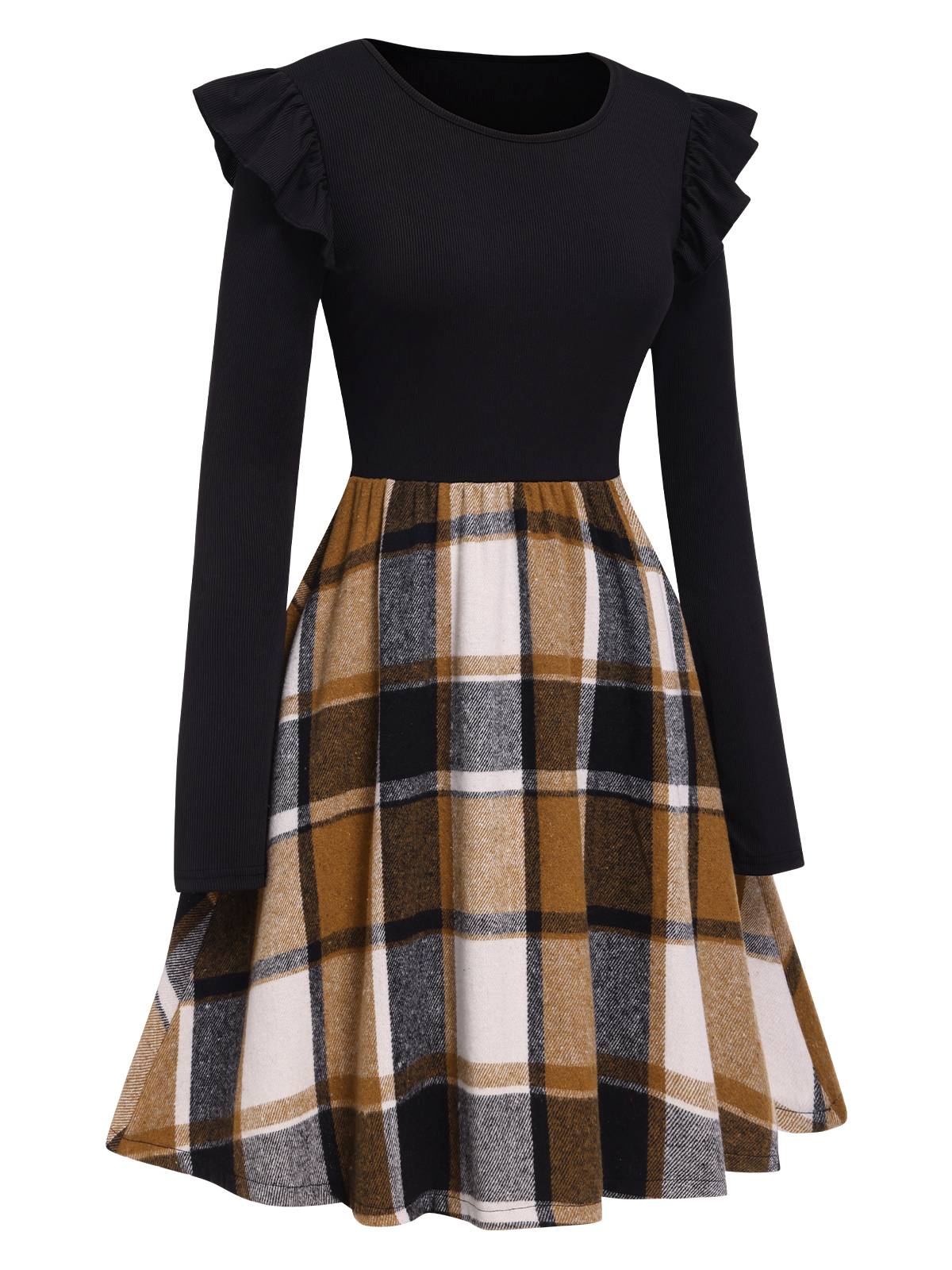 Black 1960s Ruffed Plaid Patchwork Skater Dress - Image 4