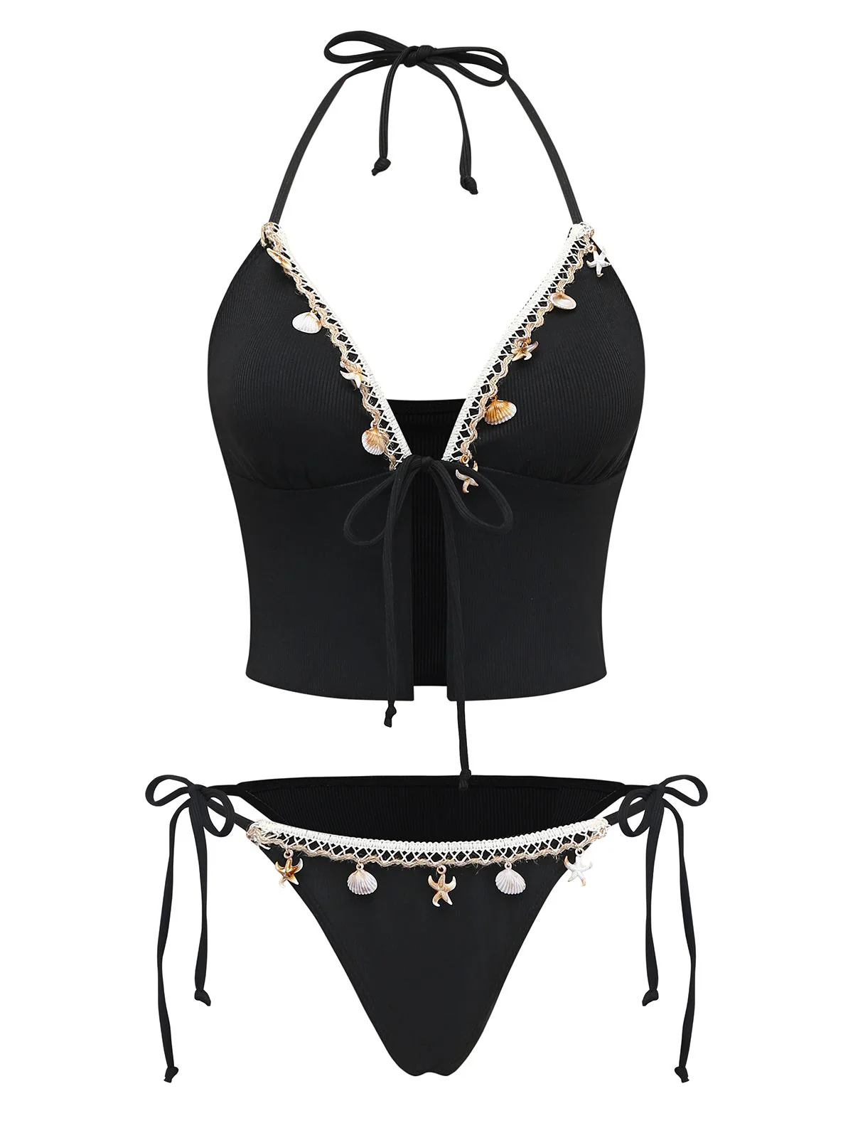 Black 1960s Seashell Detail Tied Halter Tankini Set - Image 2