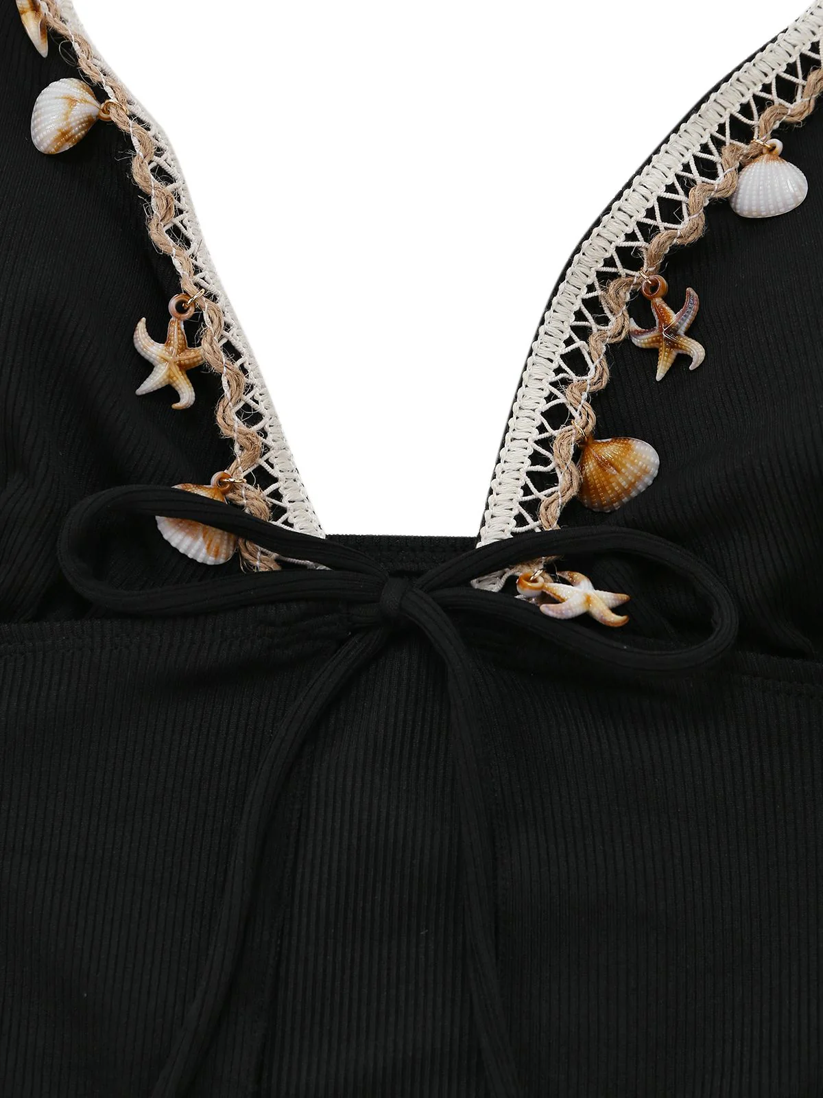 Black 1960s Seashell Detail Tied Halter Tankini Set - Image 5