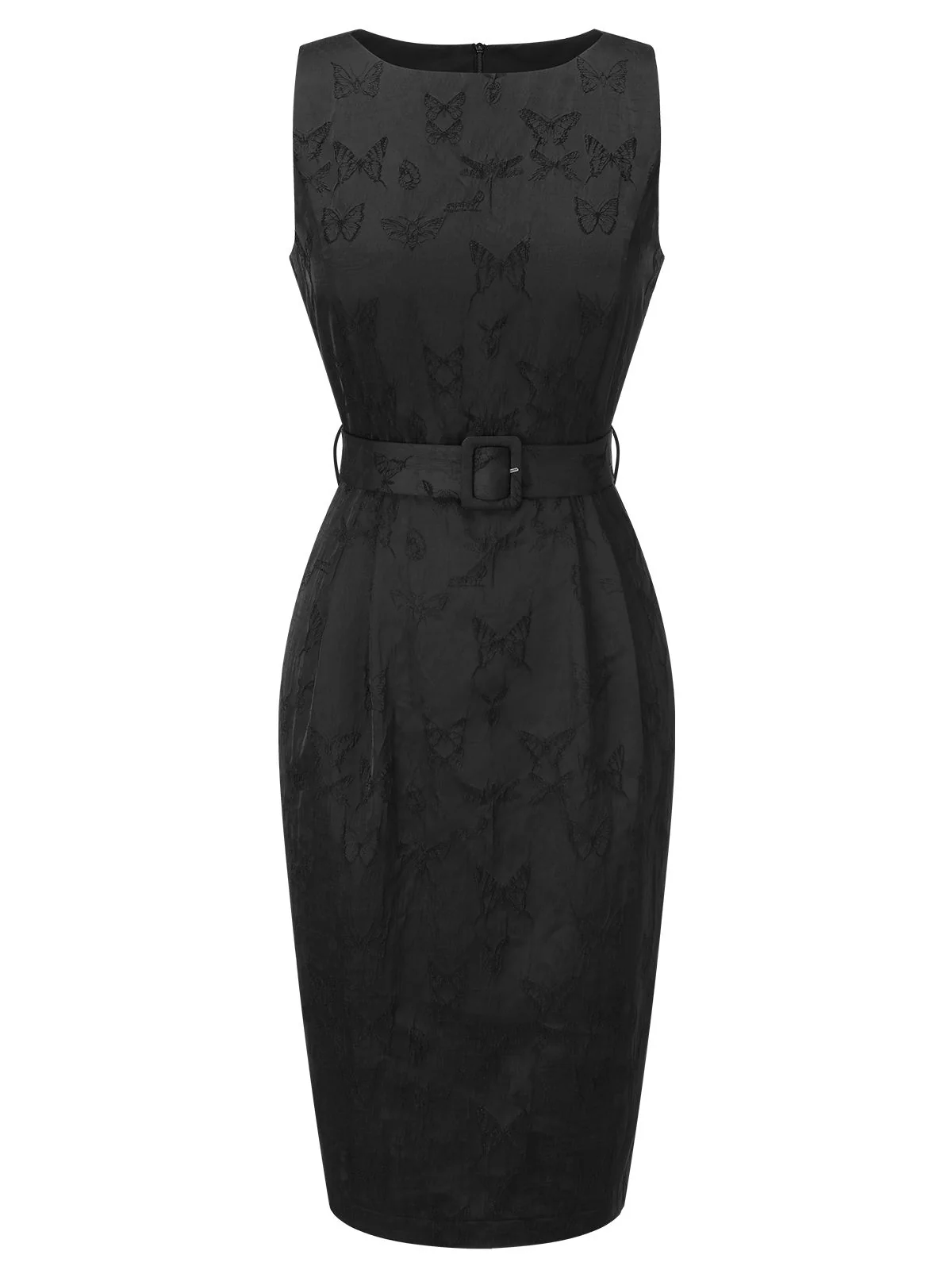 Black 1960s Sleeveless Butterflies Belted Solid Dress - Image 2