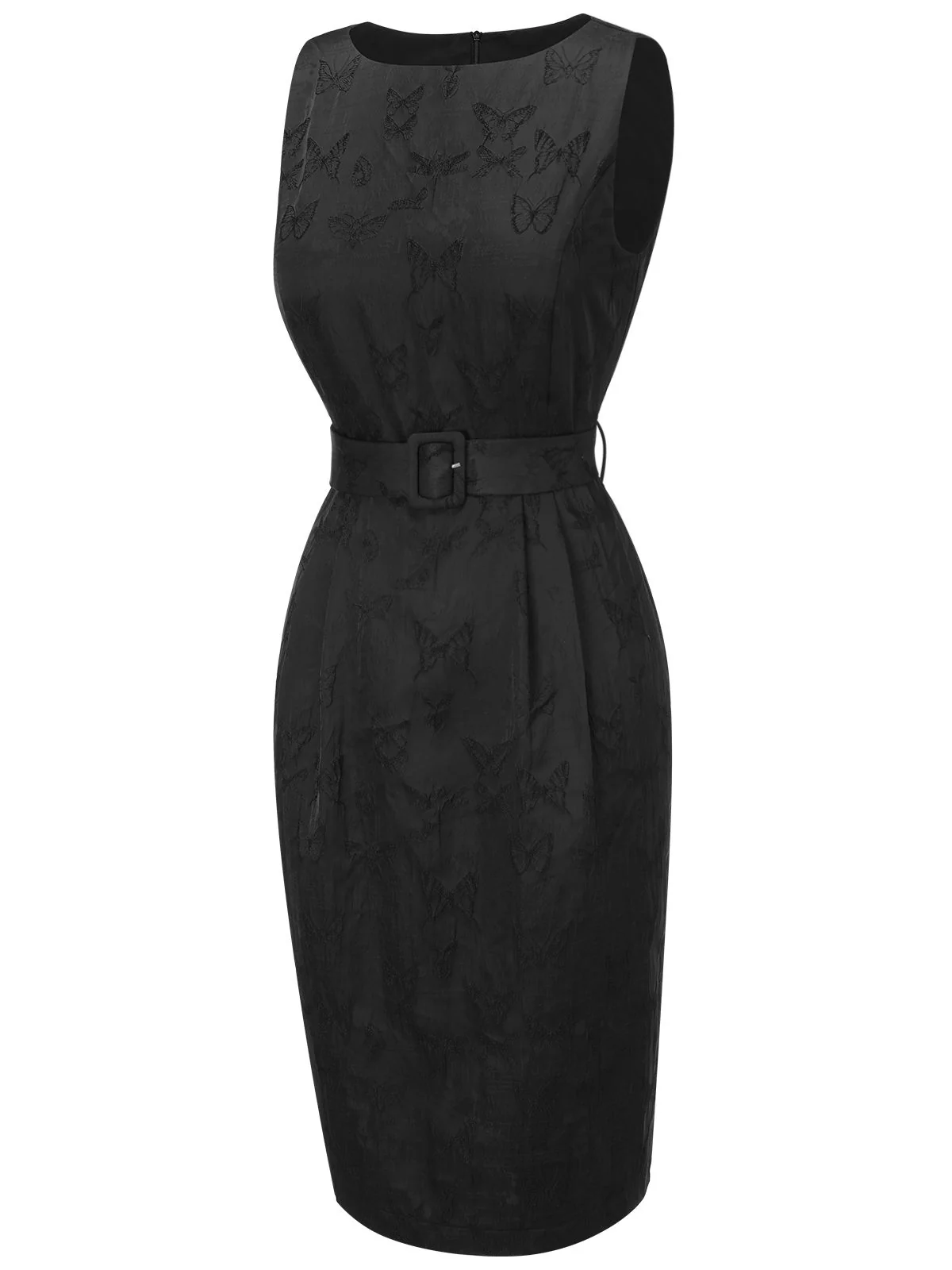 Black 1960s Sleeveless Butterflies Belted Solid Dress - Image 3