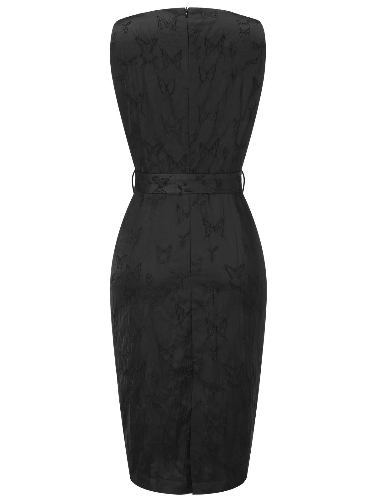 Black 1960s Sleeveless Butterflies Belted Solid Dress - Image 4