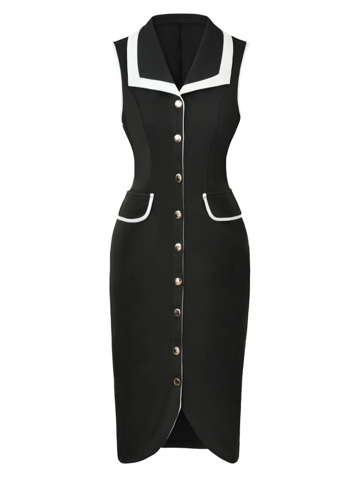 Black 1960s Sleeveless Lapel Button Bodycon Dress - Image 2