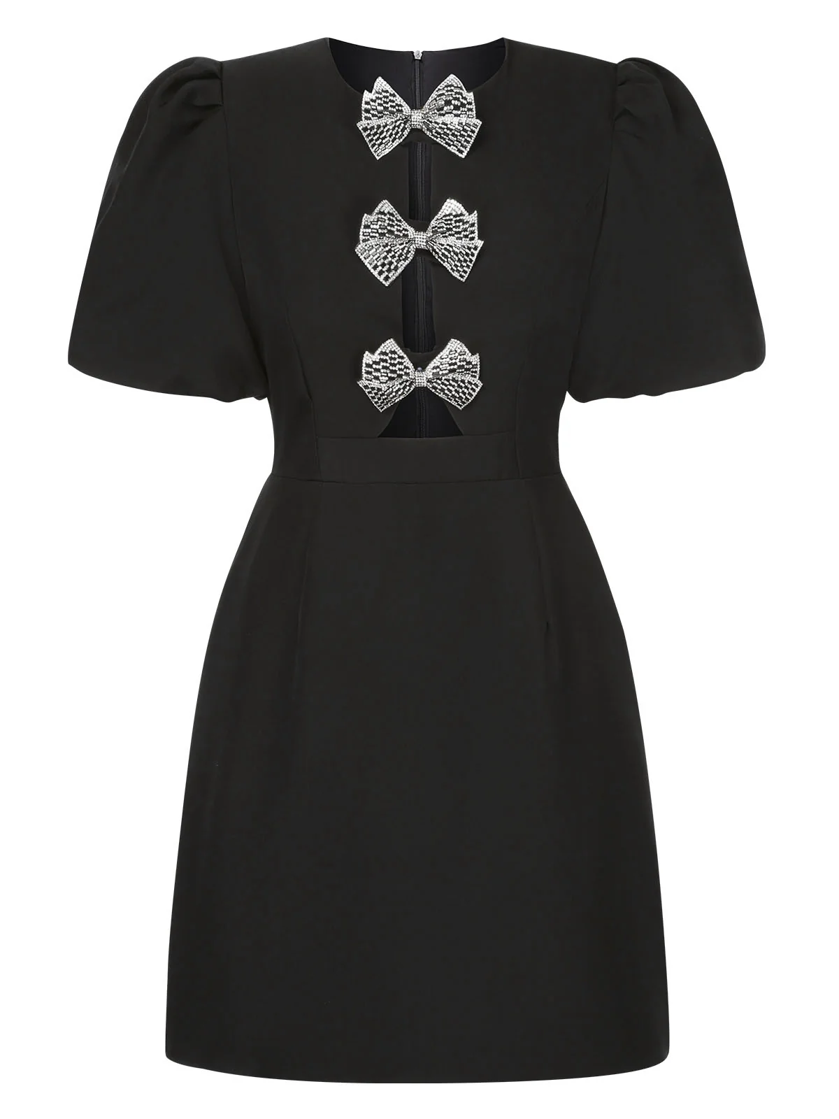 Black 1960s Solid Bow Hollow Puff Dress - Image 2