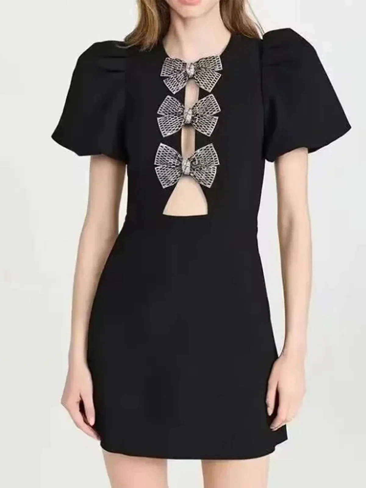 Black 1960s Solid Bow Hollow Puff Dress - Image 5