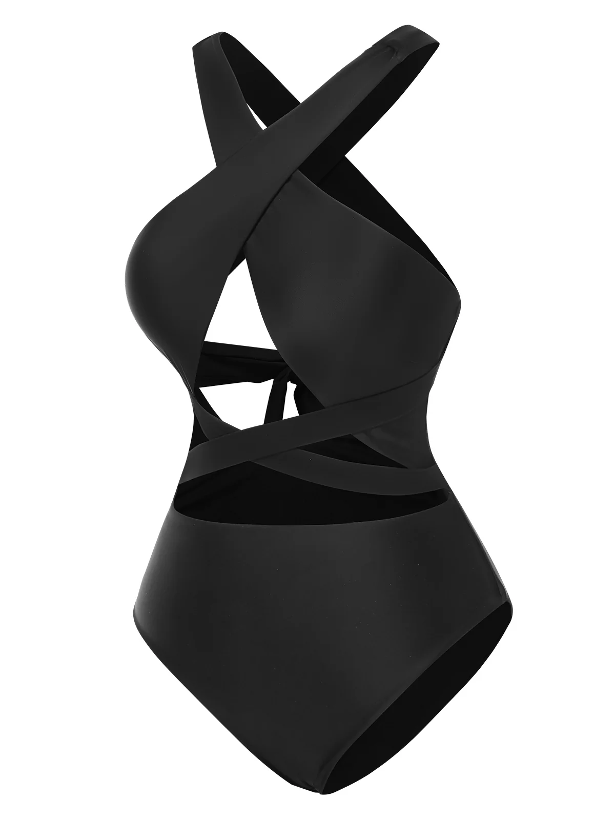 Black 1960s Solid Cross Halter Hollow Tie Back Swimsuit - Image 2