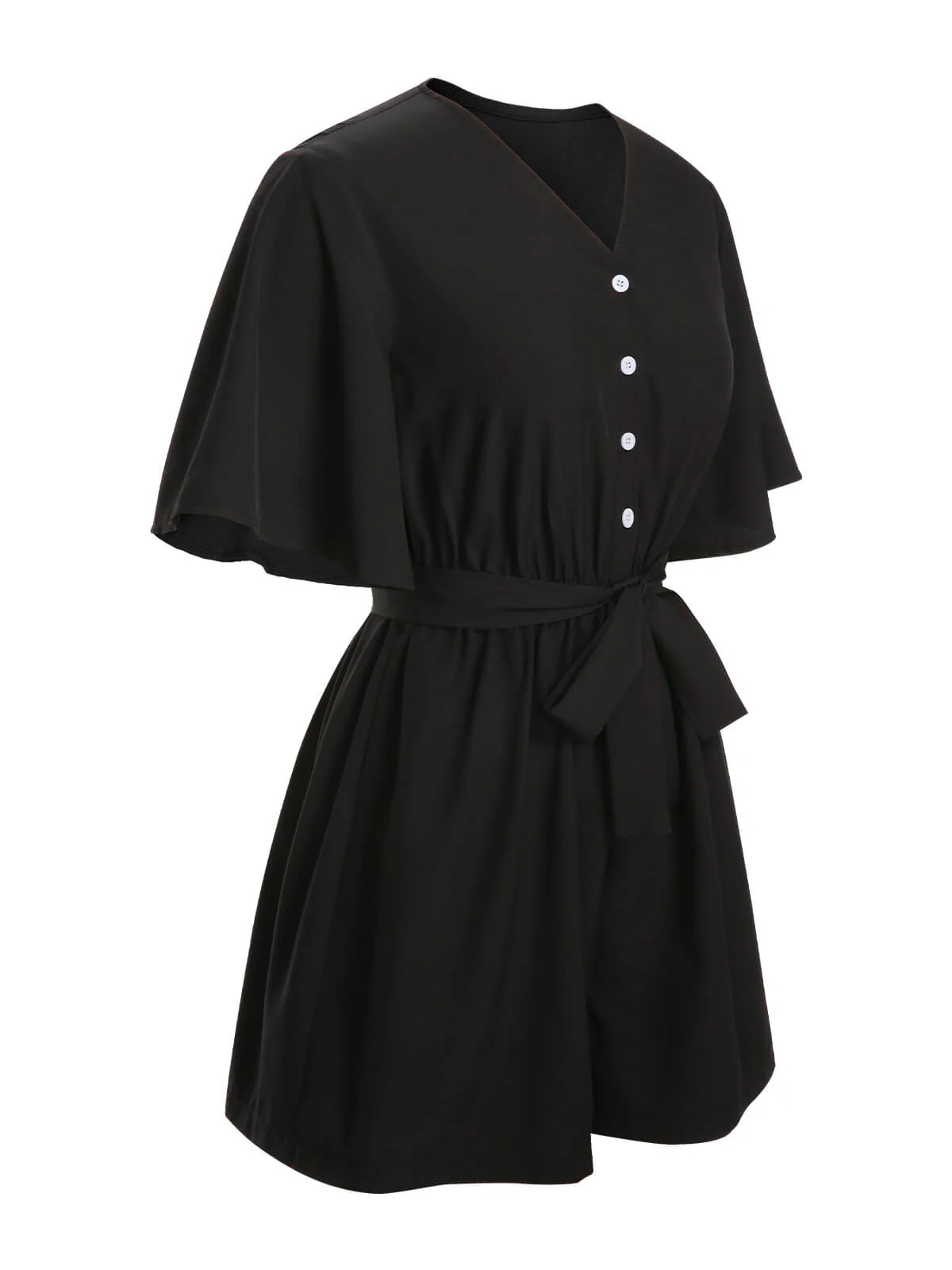 Black 1960s Solid Flare Sleeve V-Neck Romper - Image 3
