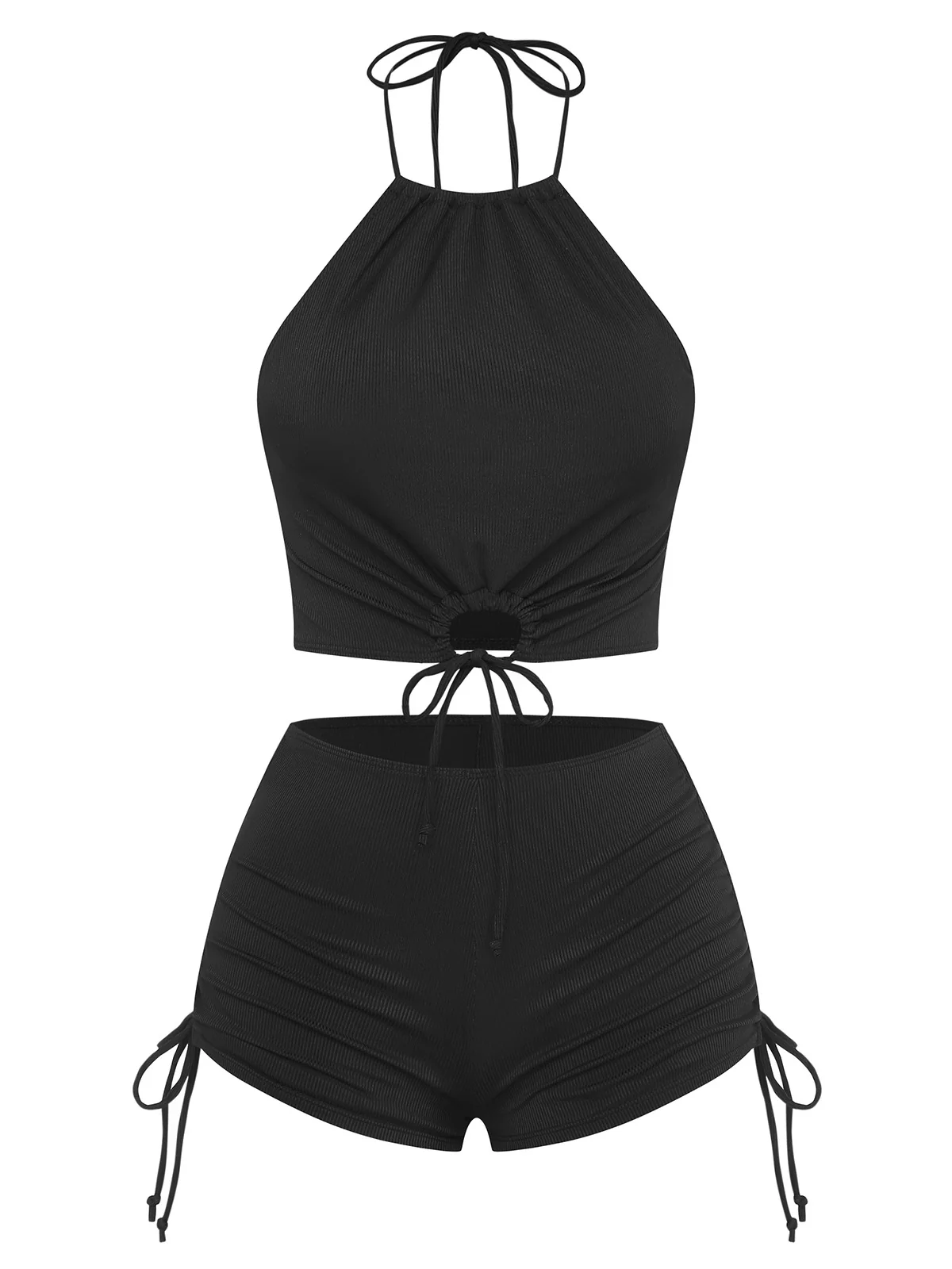 Black 1960s Solid Halter Ruched Bikini Set - Image 2