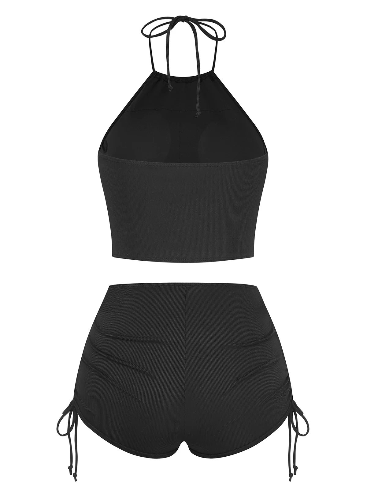 Black 1960s Solid Halter Ruched Bikini Set - Image 3