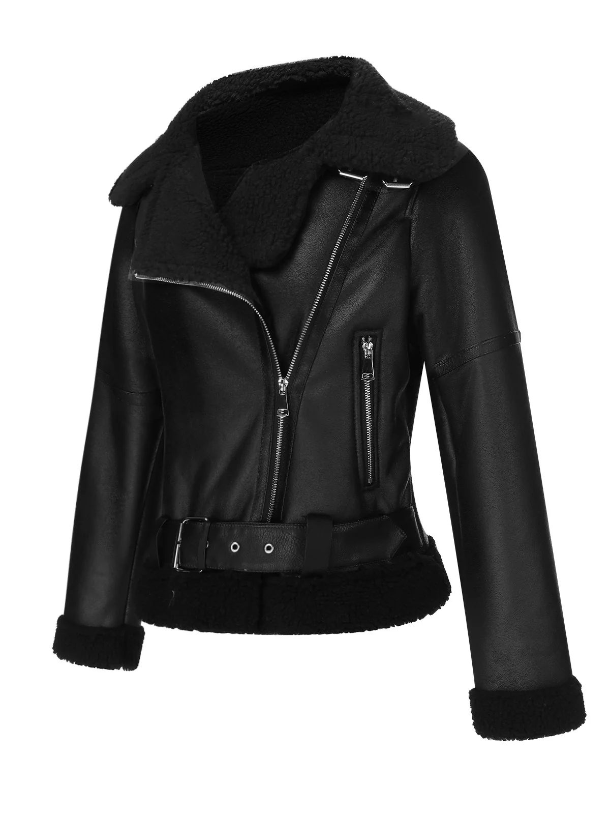 Black 1960s Solid Lapel Faux Leather Coat - Image 2