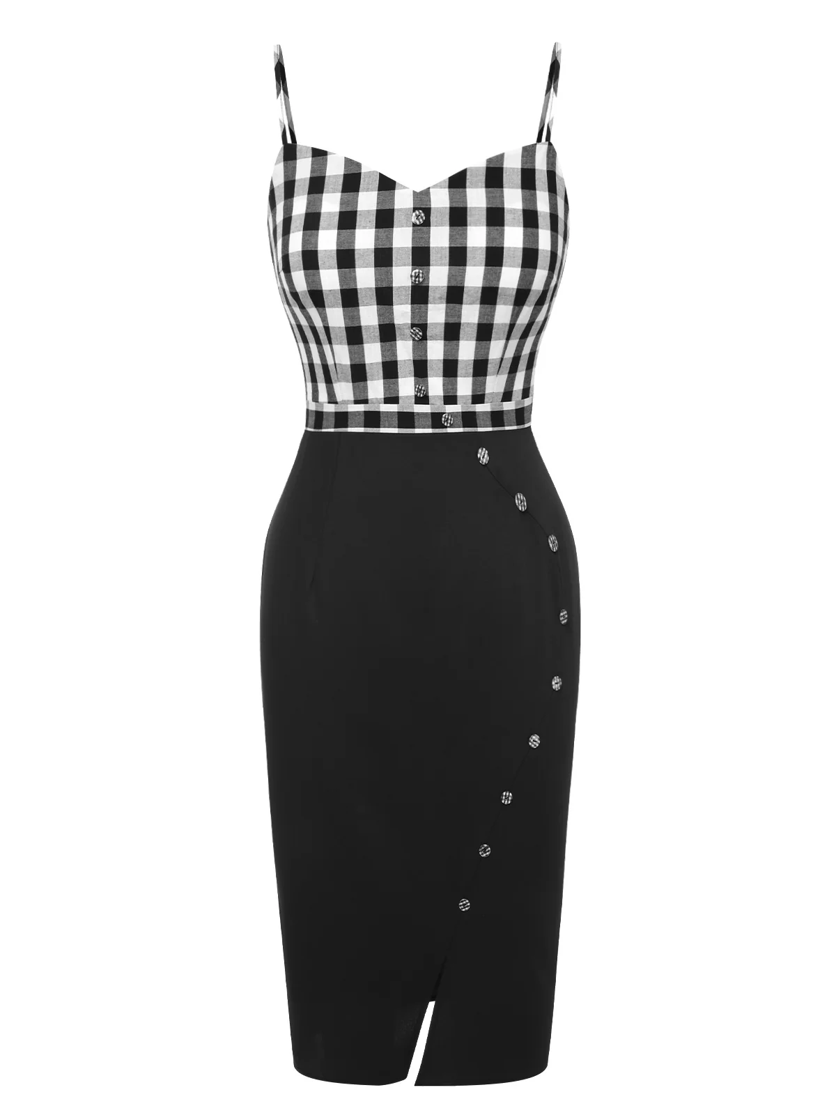 Black 1960s Spaghetti Straps Plaid Patchwork Dress - Image 2