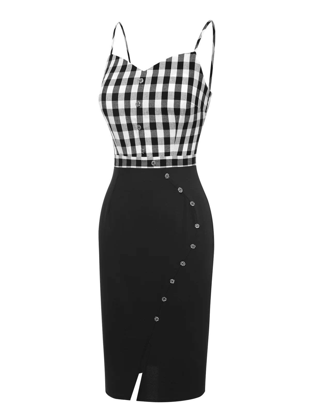 Black 1960s Spaghetti Straps Plaid Patchwork Dress - Image 3