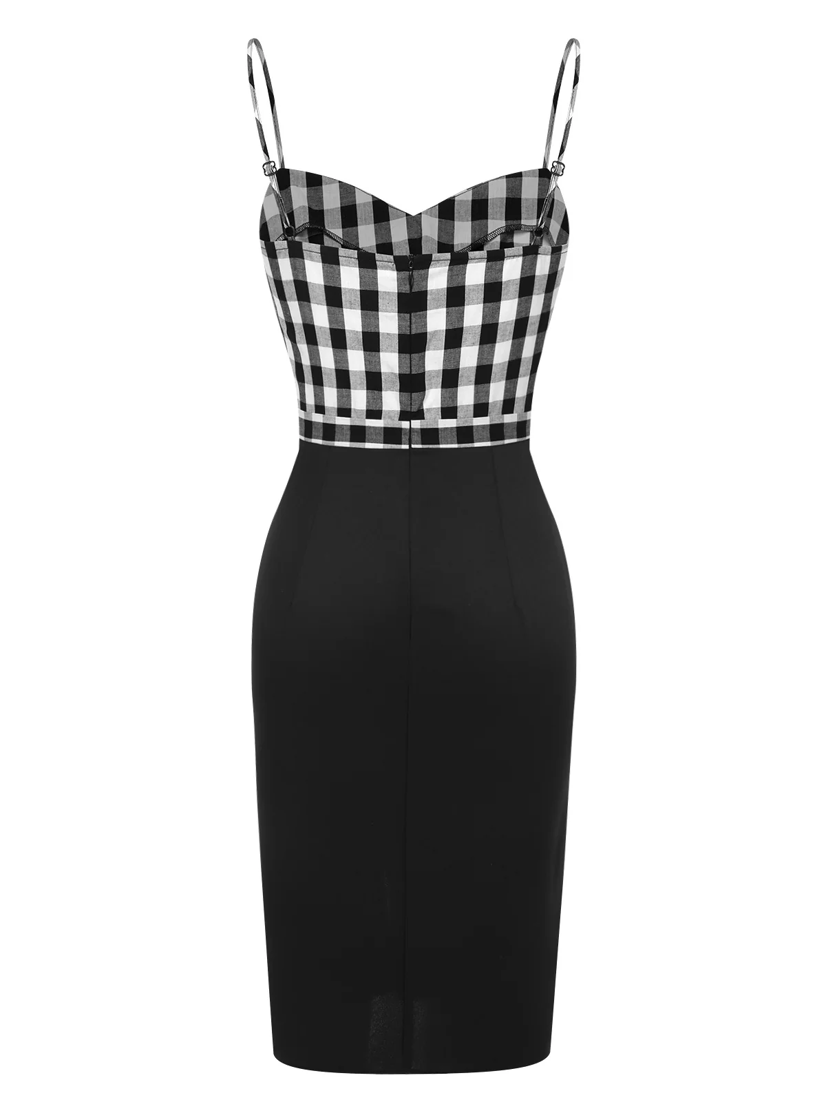 Black 1960s Spaghetti Straps Plaid Patchwork Dress - Image 4