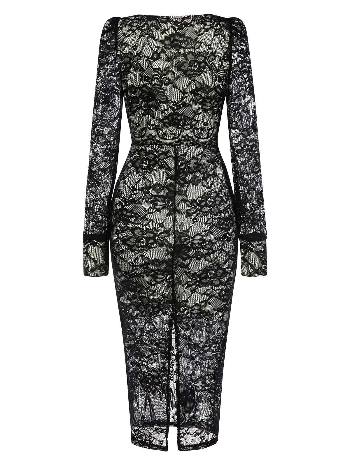 Black 1960s Square Neck Lace Bodycon Dress - Image 2