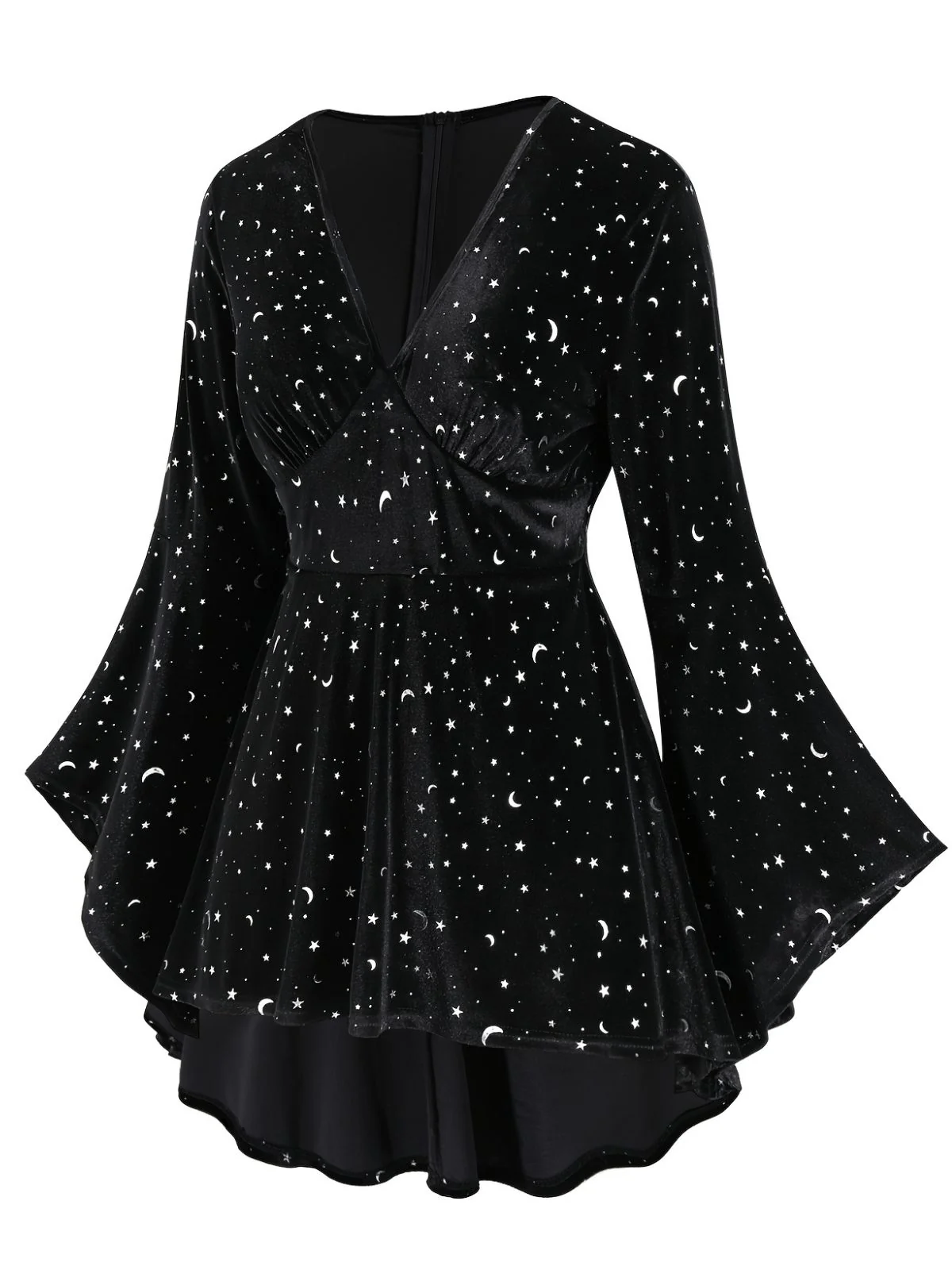 [Plus Size] Black 1960s Star V-Neck Velvet Dress - Image 2