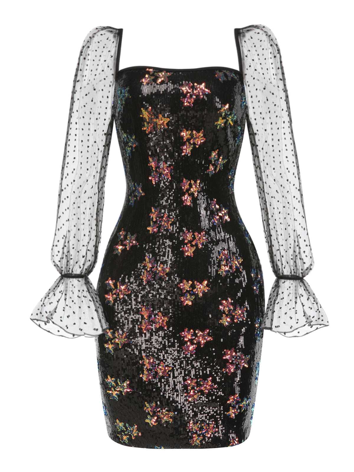 Black 1960s Stars Sequined Mesh Patchwork Dress - Image 2