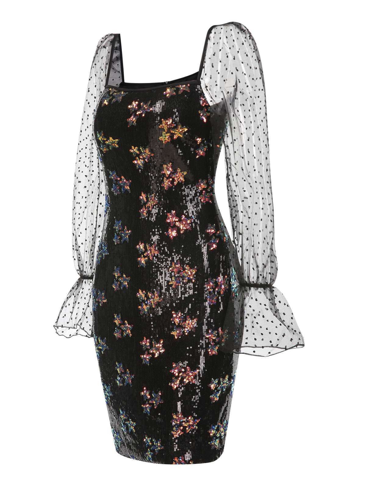 Black 1960s Stars Sequined Mesh Patchwork Dress - Image 4