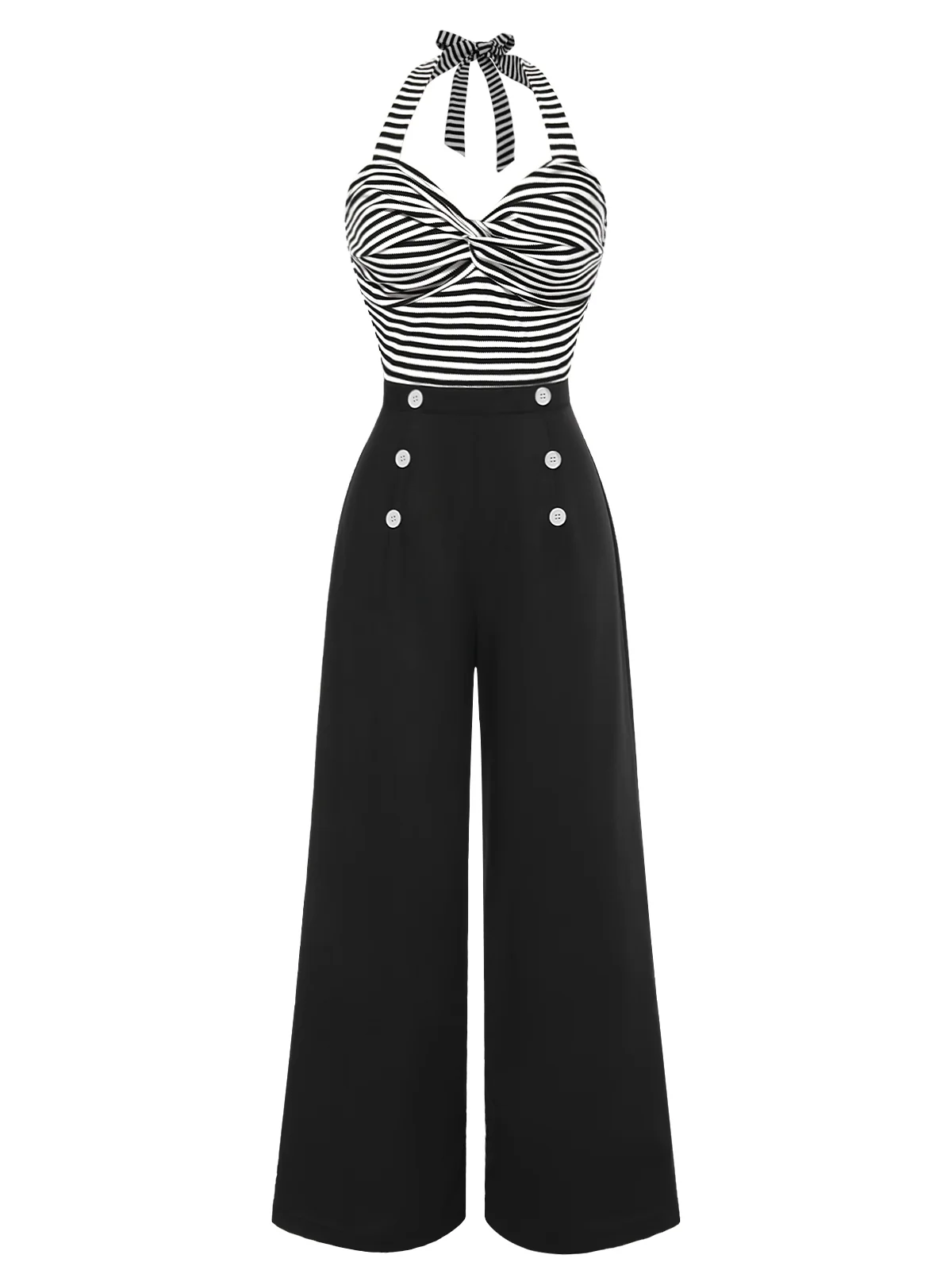 Black 1960s Stripe Knit Patchwork Halter Jumpsuit - Image 2