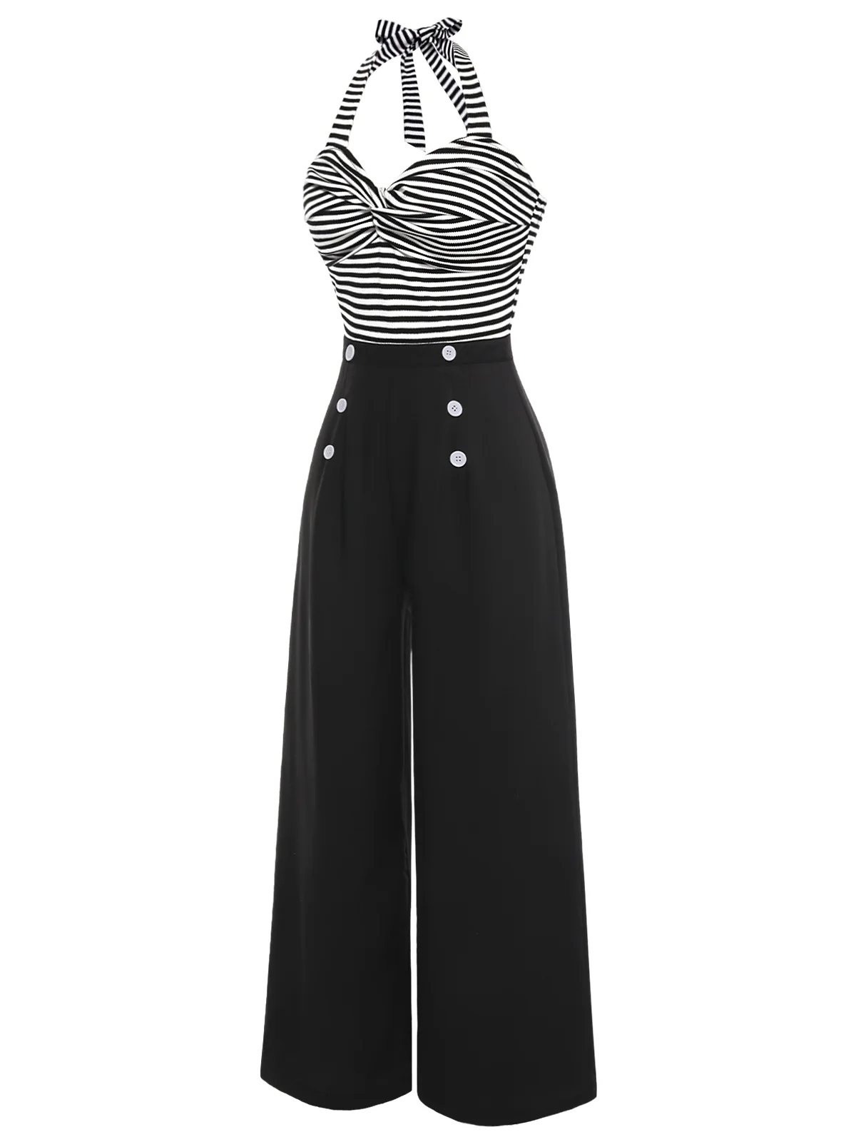 Black 1960s Stripe Knit Patchwork Halter Jumpsuit - Image 3