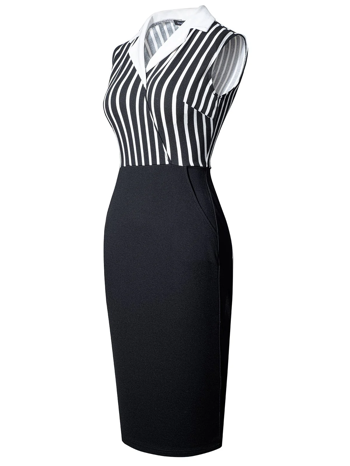 Black 1960s Striped Patchwork Lapel Pencil Dress - Image 2