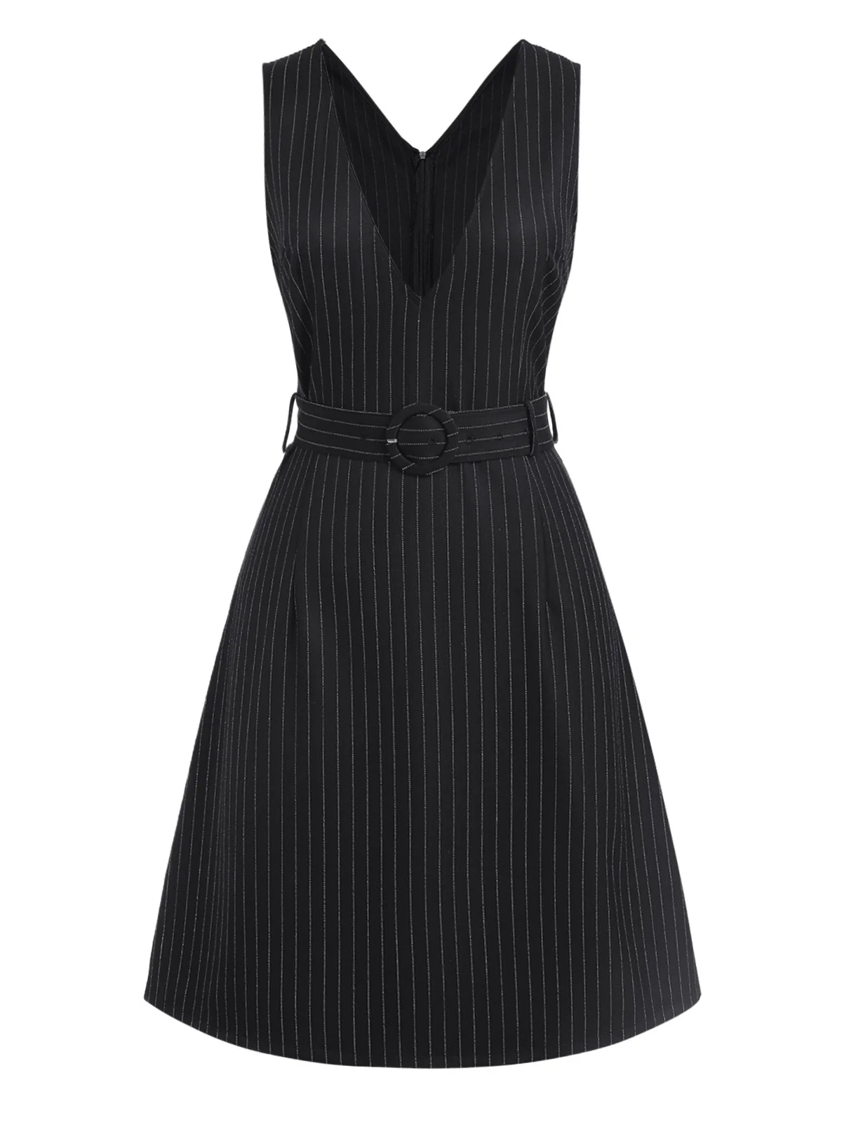 Black 1960s Striped V-Neck Belted Dress - Image 2